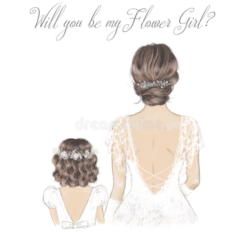 Ilustración dibujada a mano por novia y niña de flores. invitación de tarjeta de boda. stock de ilustración