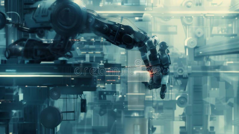 Ilustración digital abstracta de un brazo robot industrial futurista en una instalación de alta tecnología. representativo avanzad libre illustration