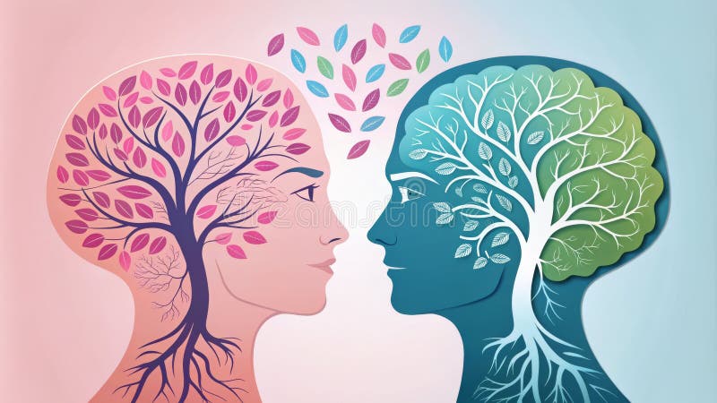 Ilustración digital de dos árboles de mentes entrelazadas Resumen de la conexión de la mente de estilo Art Papercut stock de ilustración