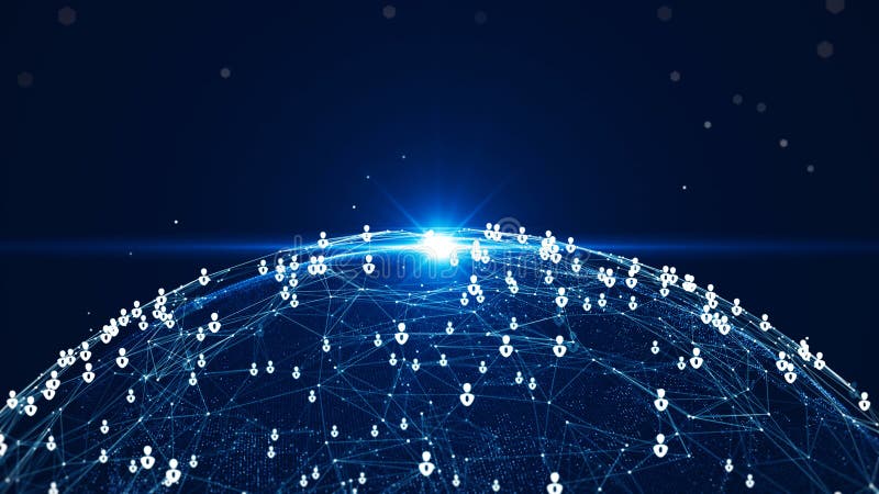 Ilustración digital futurista de un mundo conectado con una brillante red de nodos e íconos de usuarios que simbolizan el mundo imágenes de archivo libres de regalías