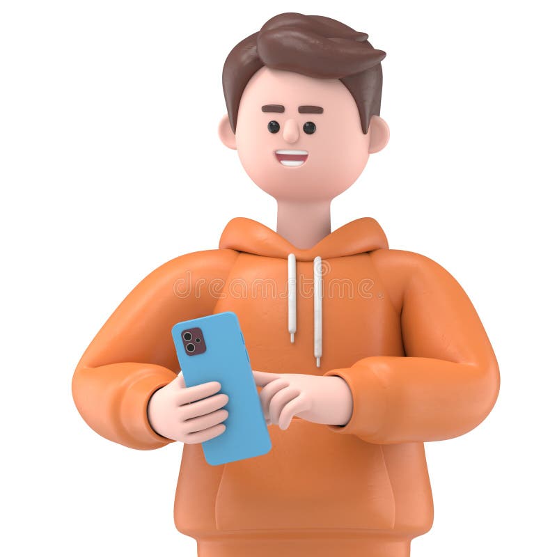 Ilustración en 3D de un hombre sonriente, Qadir, con un smartphone. Mocalización en segundo plano transparente. libre illustration