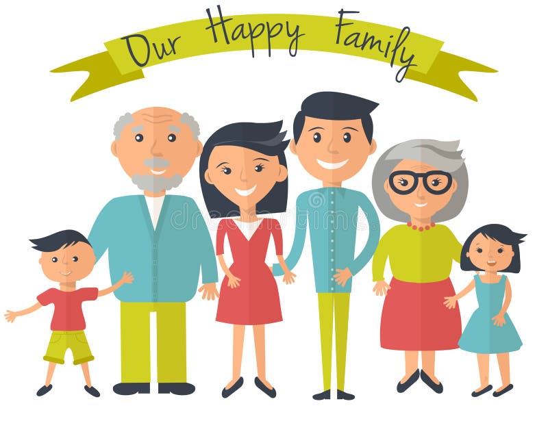 Ilustración feliz de la familia Padre, madre, abuelos, hijo y retrato del dauther con la bandera ilustración del vector Ilustración feliz de la familia Padre, madre, abuelos, hijo y retrato del dauther con la bandera ilustración del vector
