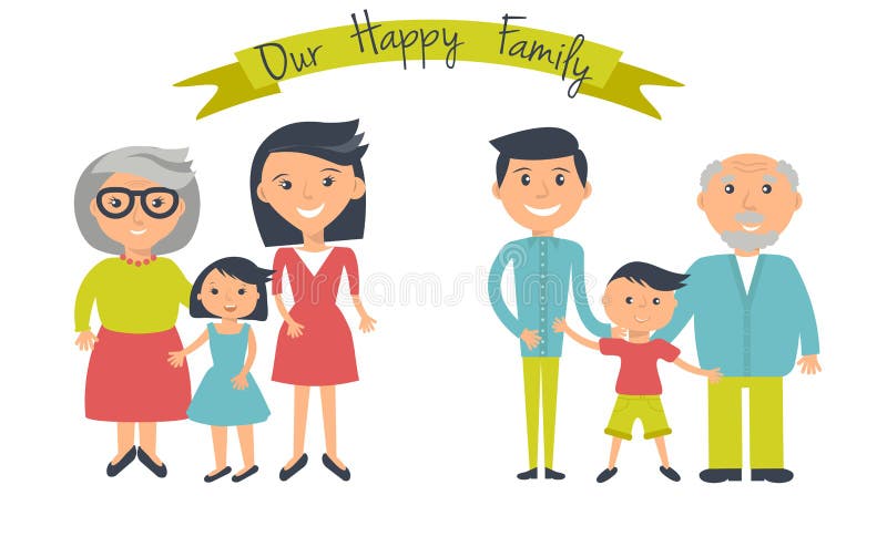 Ilustración feliz de la familia Retrato del padre, de la madre, de los abuelos, del hijo y de la hija con la bandera libre illustration Ilustración feliz de la familia Retrato del padre, de la madre, de los abuelos, del hijo y de la hija con la bandera libre illustration