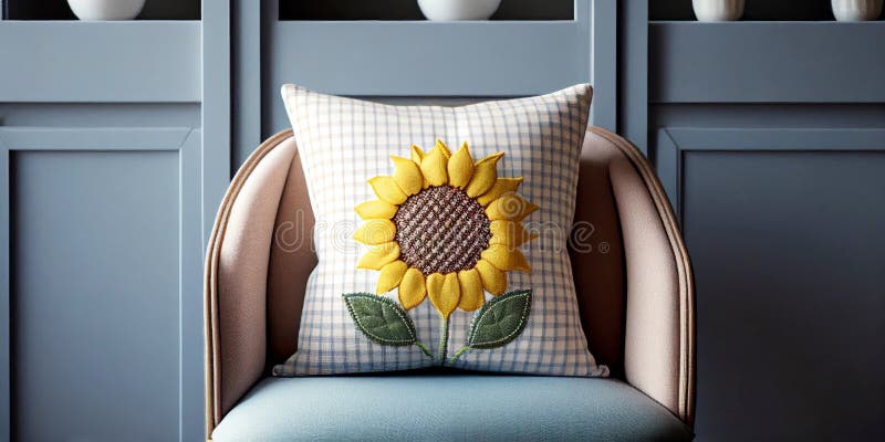 Ilustración generada por ai de cojín suave con girasol bordado en la superficie colocado sobre un cómodo sillón en un ambiente mod ilustración del vector