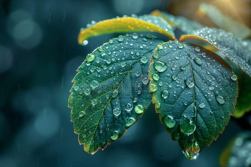 Una ilustración generada por ai de un cierre de gotas de lluvia en hojas
