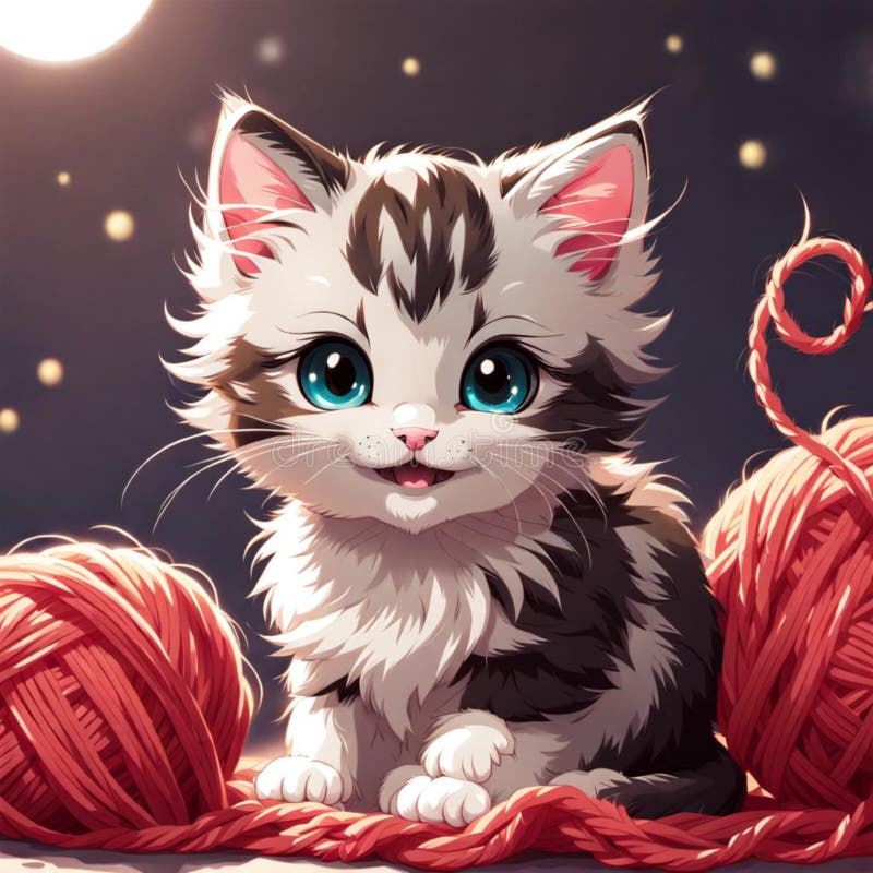 Ilustración generada por ai de un lindo gatito con bolas de lana fotografía de archivo libre de regalías