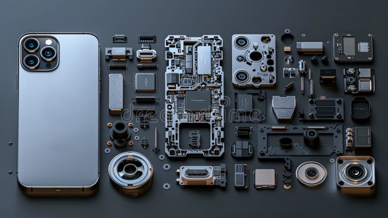 Una ilustración generada por ai de un smartphone desensamblado en componentes individuales