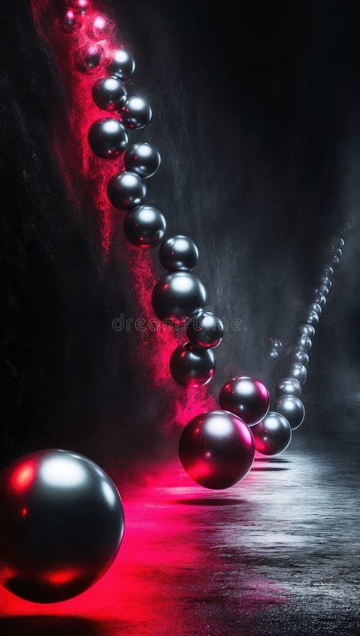 Una ilustración generada por ai de una composición abstracta de esferas metálicas con iluminación roja sobre un fondo oscuro