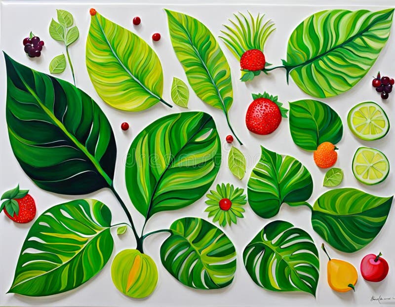 Ilustración generada por ai que representa hojas verdes flores frutos coloridos en un fondo blanco imágenes de archivo libres de regalías