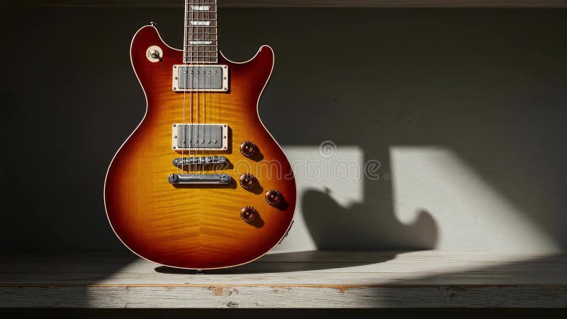 Ilustración generada por IA de una guitarra eléctrica en un soporte de madera contra luz solar brillante ilustración del vector