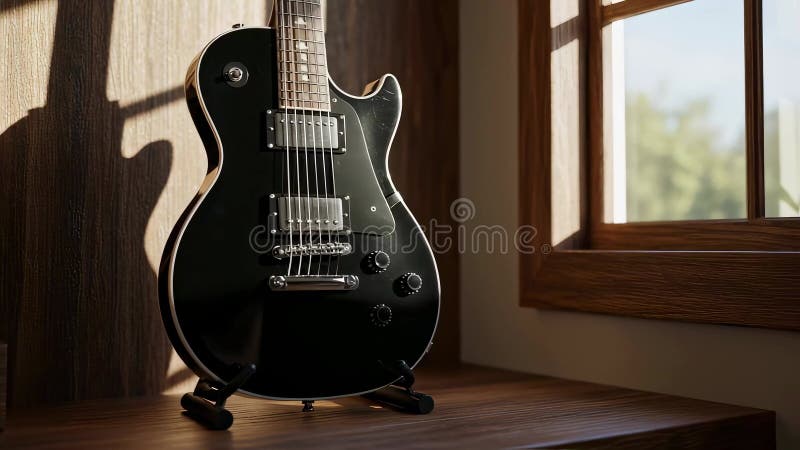 Ilustración generada por IA de una guitarra eléctrica negra en un puesto sobre una mesa de madera junto a la ventana libre illustration