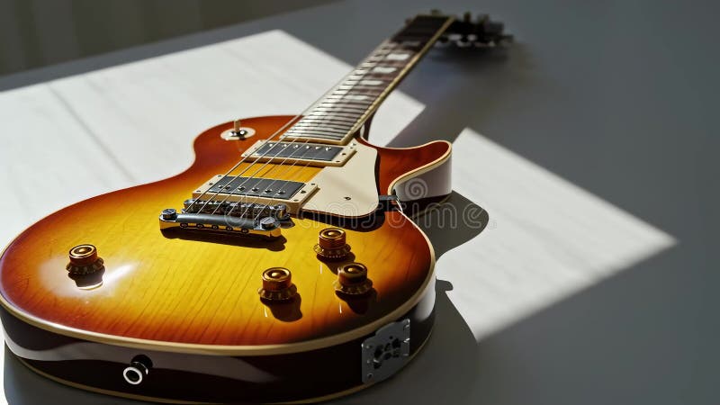 Ilustración generada por IA del cierre de una guitarra eléctrica brillante en una superficie de madera libre illustration