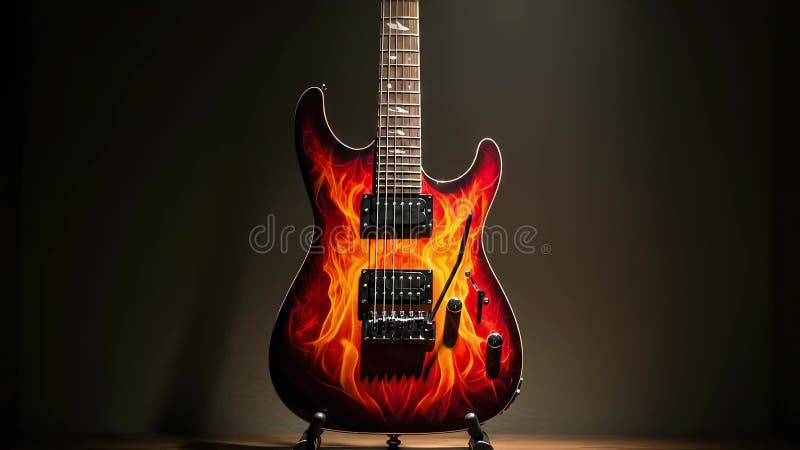 Ilustración generada por IA del cierre de una guitarra eléctrica con llamas impresas en un soporte stock de ilustración