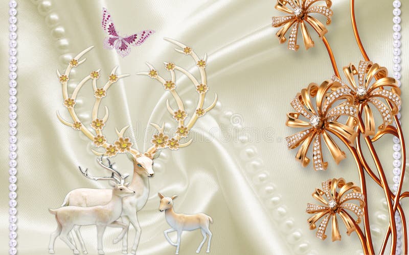 Ilustración mural 3d, fondo de seda beige con flores doradas, gacela de ciervo, mariposa y siluetas de dientes de león libre illustration
