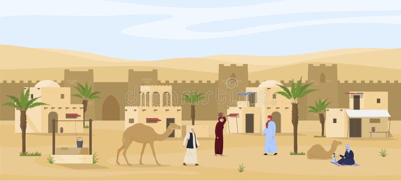 Ilustración plana vectorial del paisaje urbano del oriente medio. hombre fumando camello de narguile. paisaje desértico