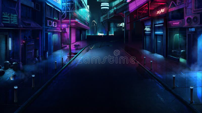 Realistic 2D cyberpunk city illustration. Neon night city. Realistic 2D cyberpunk city illustration. Neon night city