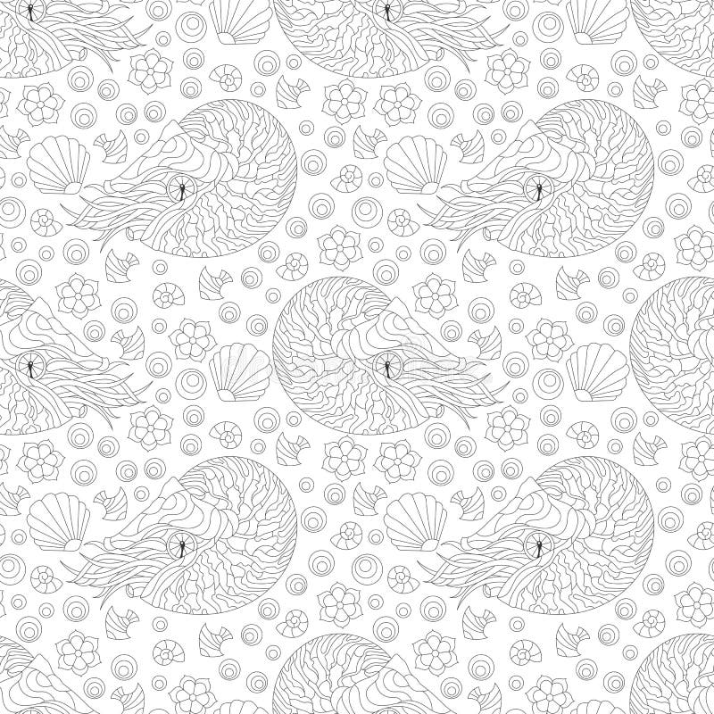 Ilustración sin costuras con contornos nautilus conchas y peces oscuro contorno animales en un fondo claro stock de ilustración