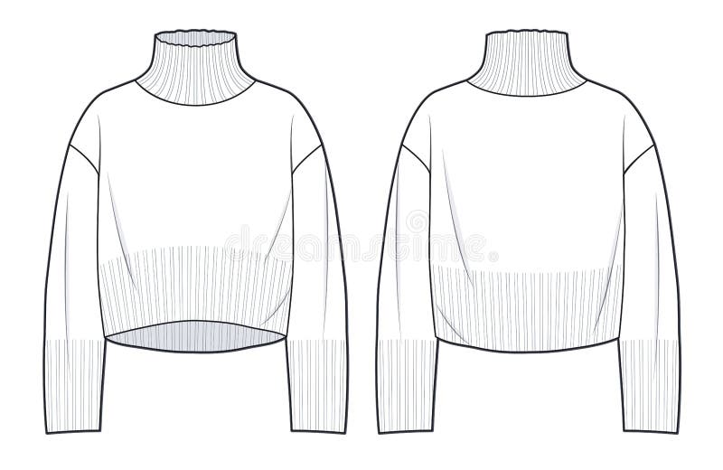 Overfit Roll Neck Sweater, technical fashion illustration. Cropped Sweater fashion technical drawing template, roll neck, long sleeve, front and back view, white, women, men, unisex CAD mock-up. Overfit Roll Neck Sweater, technical fashion illustration. Cropped Sweater fashion technical drawing template, roll neck, long sleeve, front and back view, white, women, men, unisex CAD mock-up