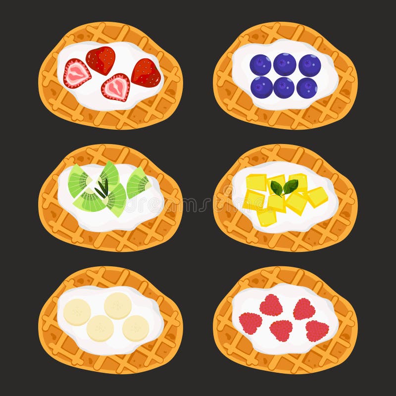 Ilustración vectorial de la panadería de pan de gofre dorada en pasta con fresas frescas y salsa de jarabe de chocolate fundido libre illustration