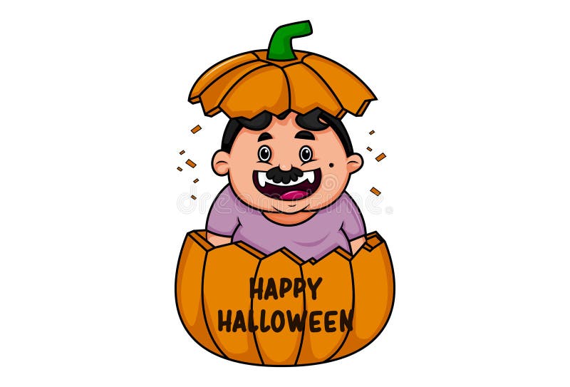 Vector cartoon illustration of a fat man getting out of the pumpkin. Lettering text happy Halloween. Isolated on white background. Vector cartoon illustration of a fat man getting out of the pumpkin. Lettering text happy Halloween. Isolated on white background.