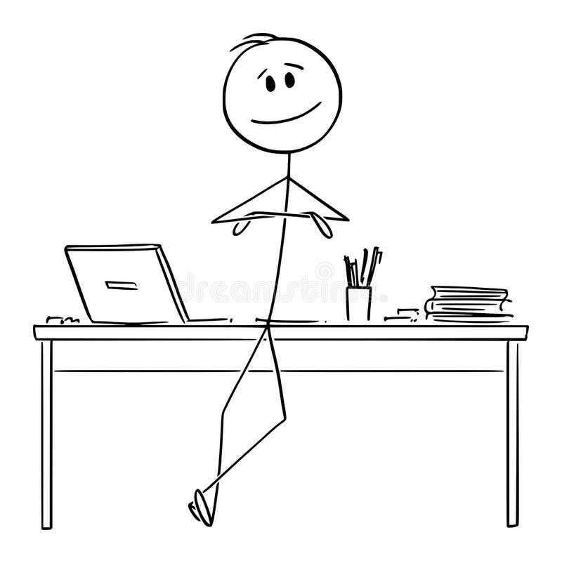 Ilustración vectorial de un hombre o empresario exitoso feliz que se inclina hacia un escritorio de oficina con armas ilustración del vector