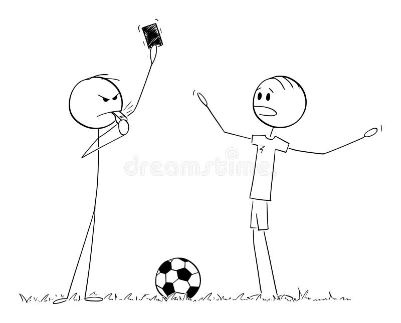 Vector cartoon stick figure drawing conceptual illustration of serious football or soccer referee showing red card to player. Vector cartoon stick figure drawing conceptual illustration of serious football or soccer referee showing red card to player.