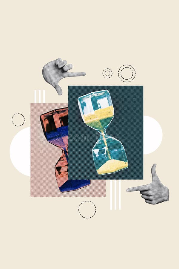 Ilustración vertical compuesta de imágenes 3d collage de brazos que muestra la imagen del marco con reloj de arena aislado en crea ilustración del vector