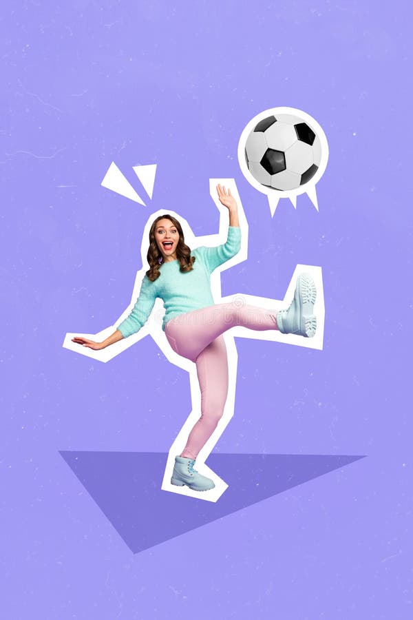 Ilustración vertical creativa de collage de fotos de divertida y alegre bola de punzonaje de chica impresionada aislada en violeta ilustración del vector