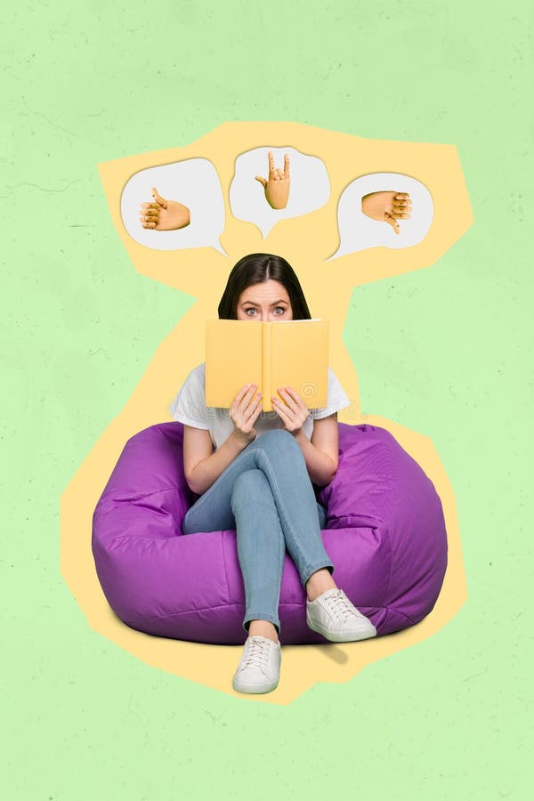 Ilustración vertical creativa de collage de personas perplejas bolsa de sentadas lectura libro de portada pensar retroalimentación imágenes de archivo libres de regalías