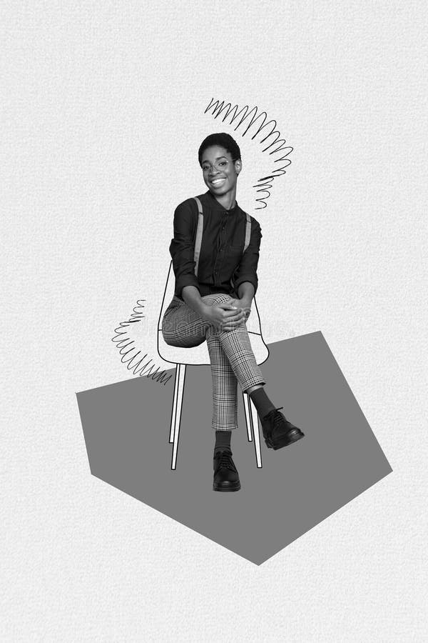 Ilustración vertical creativa de un collage de fotos de una encantadora niña satisfecha sentada en una silla aislada en papel blan fotografía de archivo libre de regalías