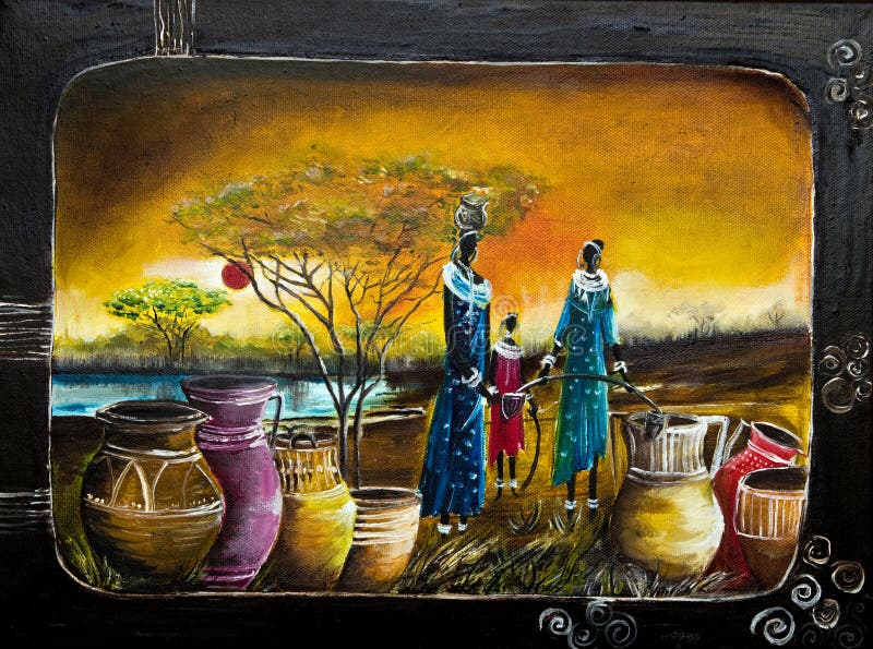 Oil painting of African women and a child filling large colorful water jugs at sunset with lake. Oil painting of African women and a child filling large colorful water jugs at sunset with lake.