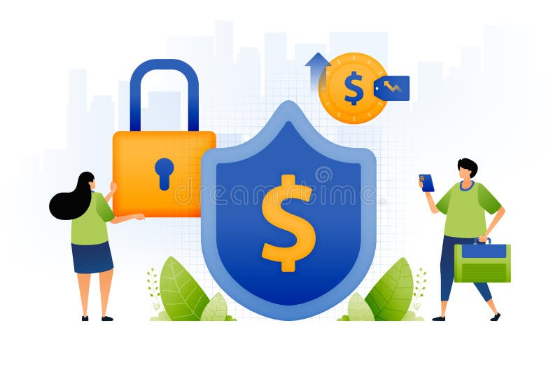 Illustration of safe and protected financial system. people develop networked financial system more protected with dollar sign in shield. can be used for web, website, posters, apps, brochures. Illustration of safe and protected financial system. people develop networked financial system more protected with dollar sign in shield. can be used for web, website, posters, apps, brochures