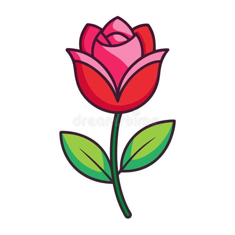 Ilustracja Cartoon Rose : Różowy i czerwony kwiat z zielonym łodygą i liśćmi ilustracji