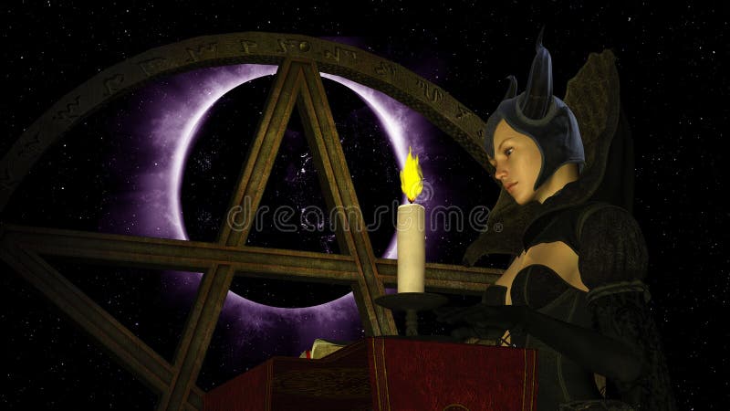 Ilustracja czarownicy magii czytelnicza książka z świeczki światłem przy Czarnym planety tłem z Pentacle przedmiotem ilustracja wektor Ilustracja czarownicy magii czytelnicza książka z świeczki światłem przy Czarnym planety tłem z Pentacle przedmiotem ilustracja wektor
