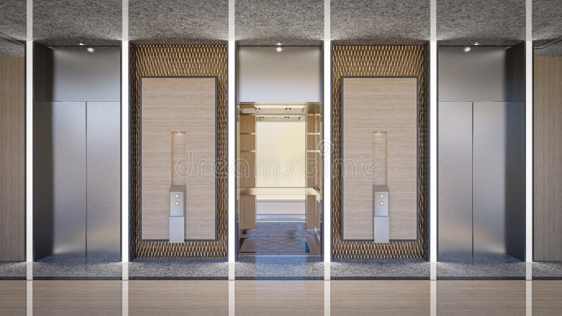 Ilustracja 3d. trzy drzwi windy w budynku biurowym