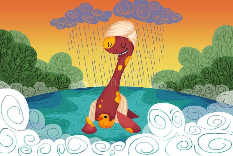 Ilustracja dla dzieci: Loch Ness potwór Zapewnia Żółtej kaczki Bezpieczna przystań Gdy Ja Pada royalty ilustracja