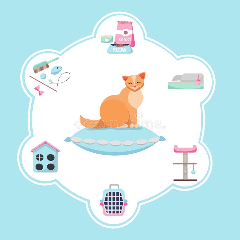 Ilustracja dla sztandaru z setem produkty dla kot opieki Zwierzę domowe dostawy: jedzenie, zabawki, mysz, puchar, pudełko, toalet royalty ilustracja Ilustracja dla sztandaru z setem produkty dla kot opieki Zwierzę domowe dostawy: jedzenie, zabawki, mysz, puchar, pudełko, toalet royalty ilustracja