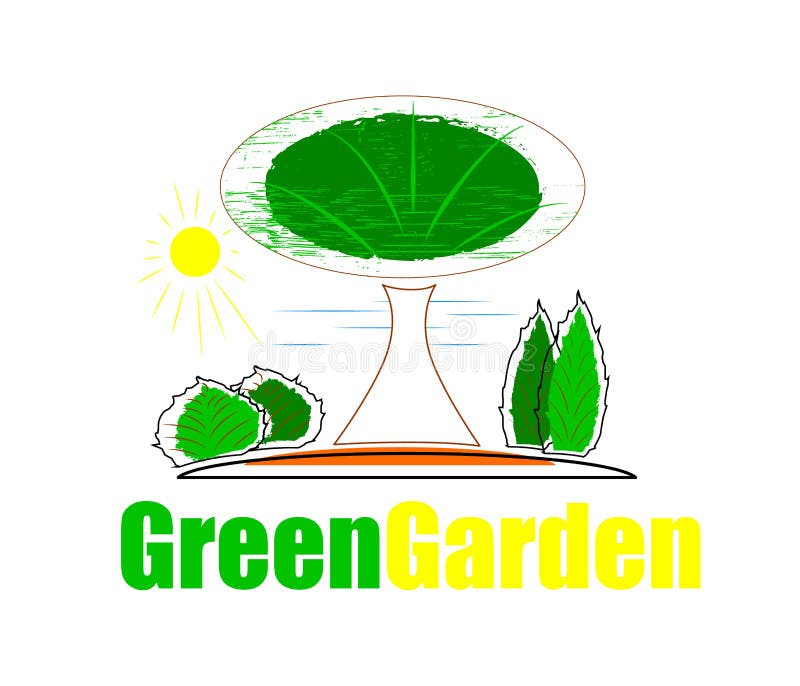 Ilustracja drzewa i krzaki z tekstem GreenGarden royalty ilustracja Ilustracja drzewa i krzaki z tekstem GreenGarden royalty ilustracja
