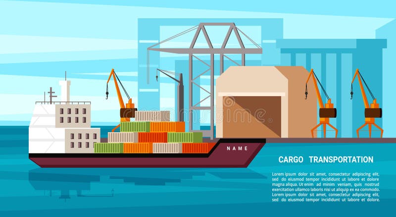 Ilustracja frachtu morskiego. ciężki zbiornikowiec z kontenerami przybywa do międzynarodowego portu silnych żurawie są gotowe do s ilustracja wektor