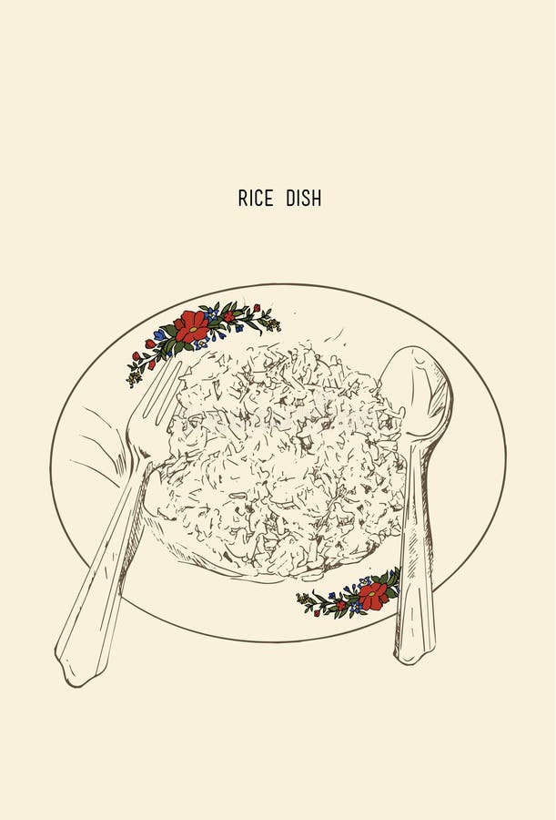 Illustration of boiled white rice in dish . Vector design for asian restaurant menu, cafe, thai, japanese cuisine. Illustration of boiled white rice in dish . Vector design for asian restaurant menu, cafe, thai, japanese cuisine.