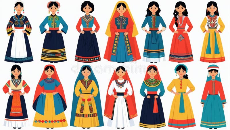 Ilustracja kobiet noszących tradycyjne stroje ludowe w Europie Wschodniej royalty ilustracja