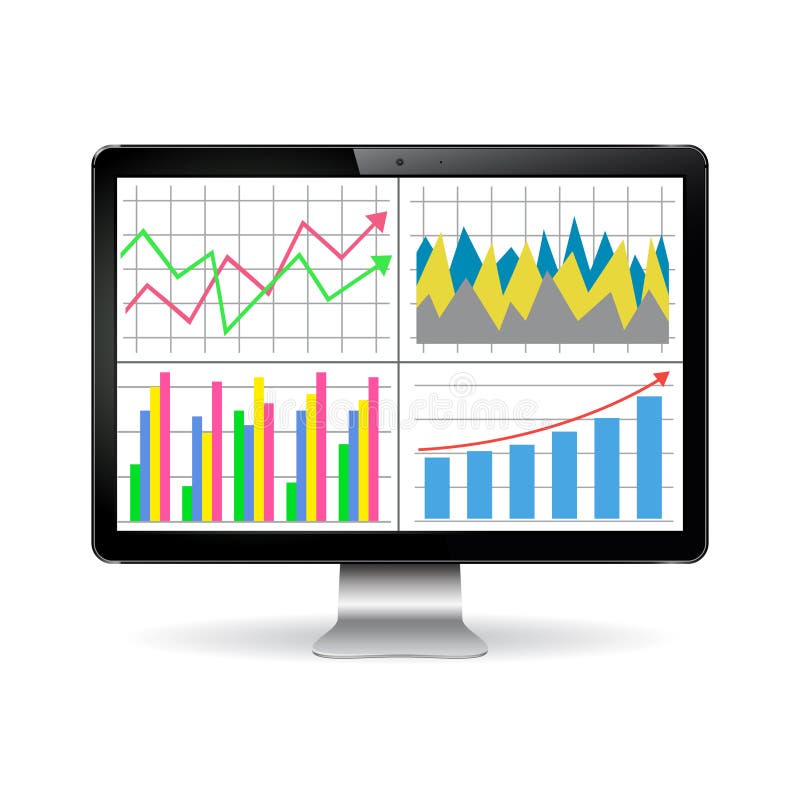 Illustration of modern computer display with graphs and diagrams on the screen. Finance statistics report, statistic analysis. Illustration of modern computer display with graphs and diagrams on the screen. Finance statistics report, statistic analysis.