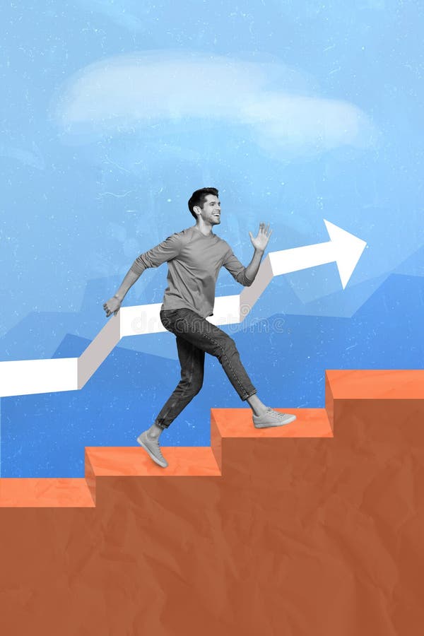 Ilustracja obrazek obraz kolaż dzieła młodego biznesmena biegnącego na górę poprawiają strzałkę umiejętności wzrost odizolowany