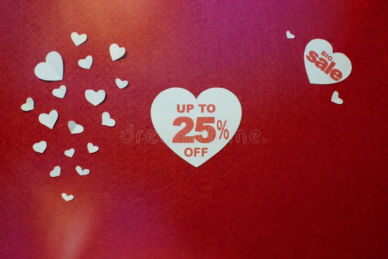 Illustration of percentage number discount in heart over the red background. Up to 25 off, big sale, different shaped white hearts. Illustration of percentage number discount in heart over the red background. Up to 25 off, big sale, different shaped white hearts