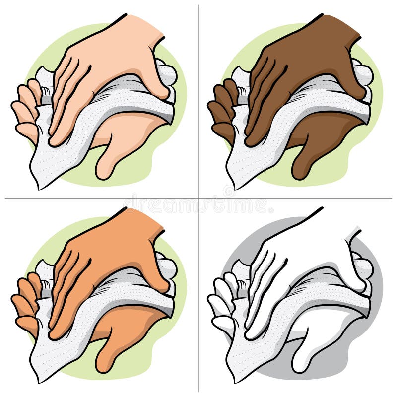 Ilustracja osoby wycierającej i wycierającej ręce papierowym ręcznikiem lub serwetką