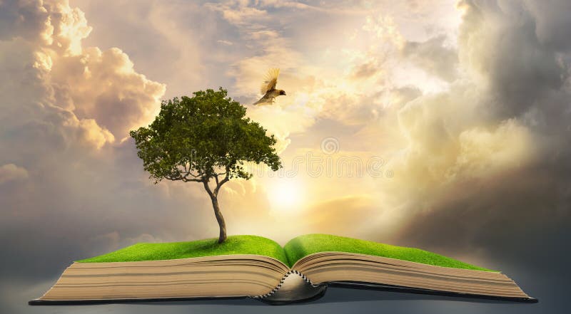 Bird flying from the big tree growing up on ancient books like a painting in literature. Bird flying from the big tree growing up on ancient books like a painting in literature