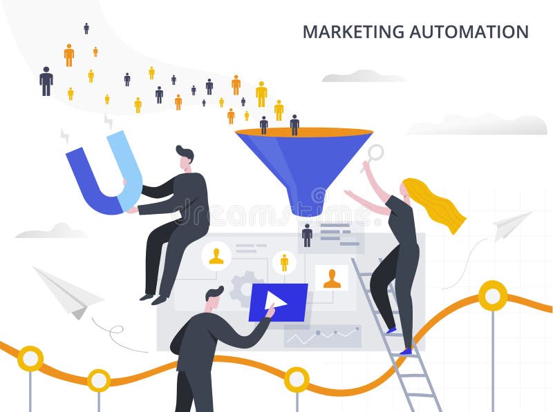 Ilustracja płaskiego wektora automatyzacji marketingu i generacji potencjalnych klientów Proces przyciągania potencjalnych klient