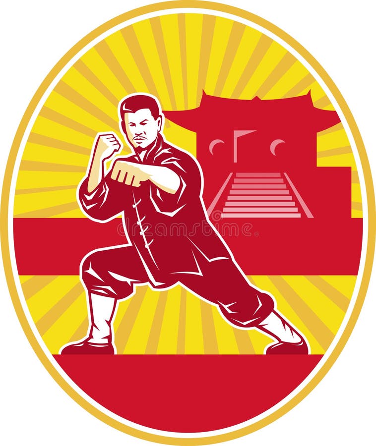 Shaolin Kung Fu sztuk samoobrony mistrz Retro ilustracja wektor