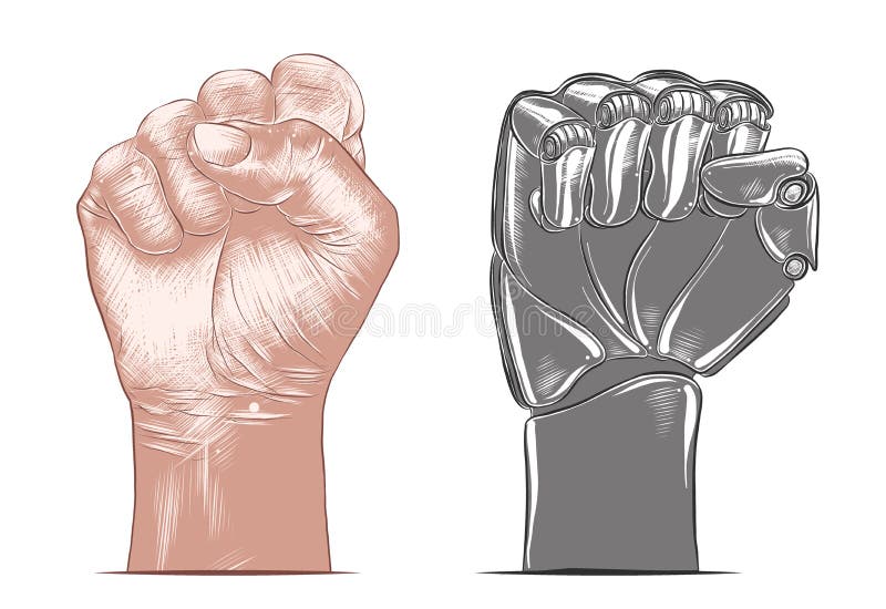 Ilustracja stylu z grawerowanym grafiką dla dekoracji plakatów i wydruku. narysowany ręcznie szkic gestu pięści człowieka i robota ilustracji