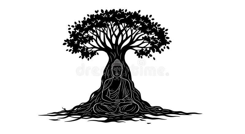 Ilustracja sylwetki siedzącego Buddy pod dużym stylizowanym drzewem Bodhi Ficus royalty ilustracja